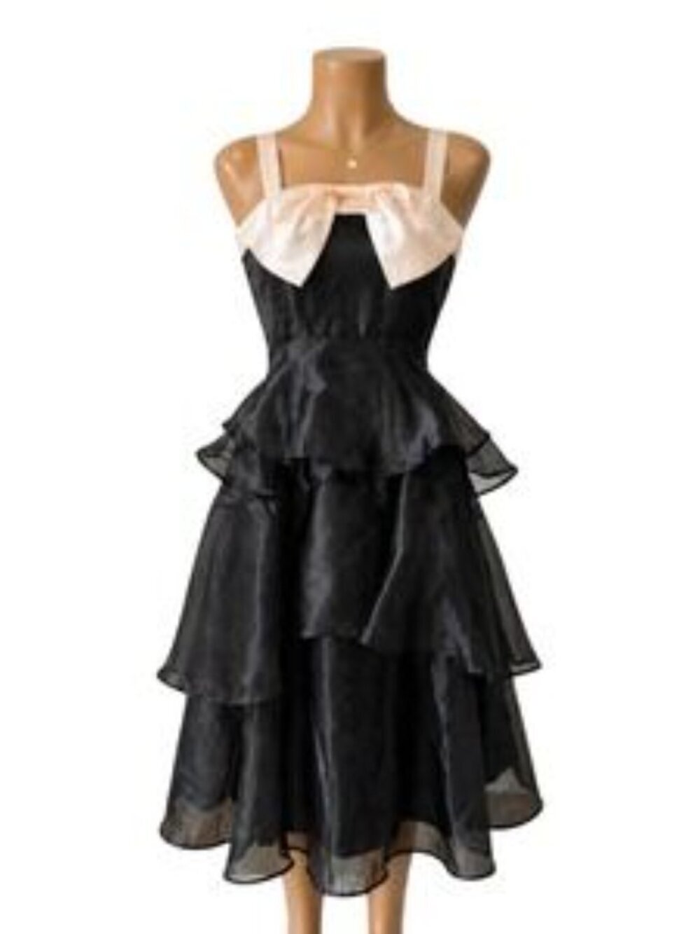 NWT Lulus Black Organza Tiered Midi Dress with Satin Bow - Picture 3 of 8